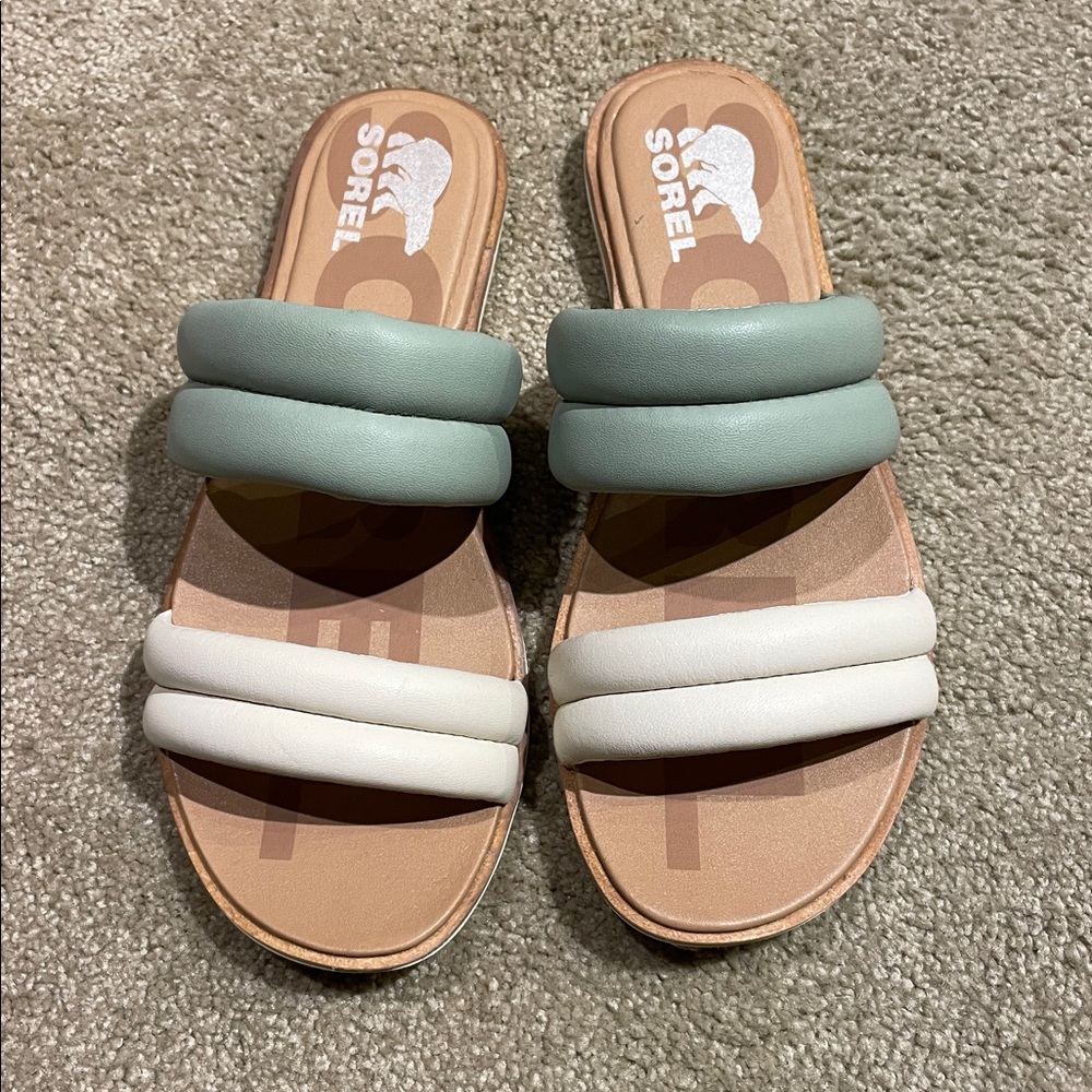 Sorel Ella II Puff Slide sandals green and white size 9.5